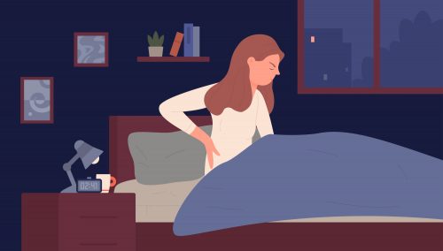 Vector illustration of a woman experiencing back pain in bed