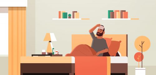 Vector illustration of a man in bed with a washcloth on his forehead