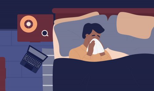 Vector illustration of man blowing his nose with a tissue in bed